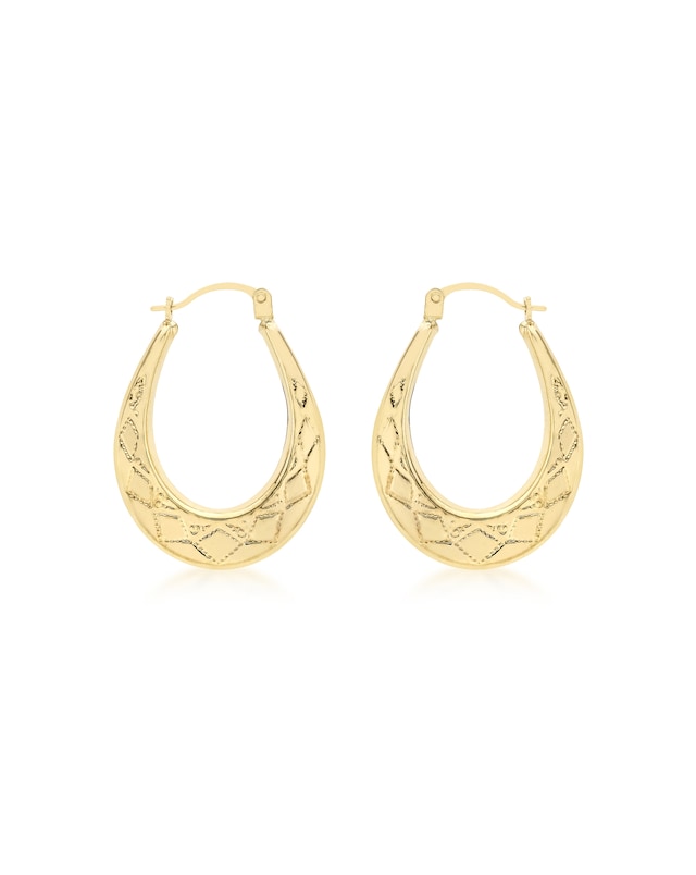 9ct Gold Patterned Oval Creole Earrings