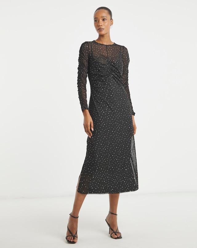 Sequin Mesh Ruched Midi Dress