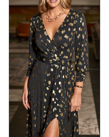 Sosandar Black Gold Foil Print Fit and Flare Midi Dress