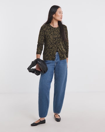 Khaki Print Crew Neck Cardigan