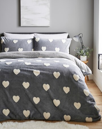 Hearts Fleece Duvet Cover Set - Grey