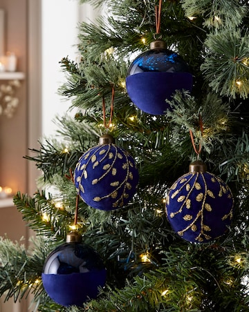 Flocked Navy and Gold Baubles- Set of 6
