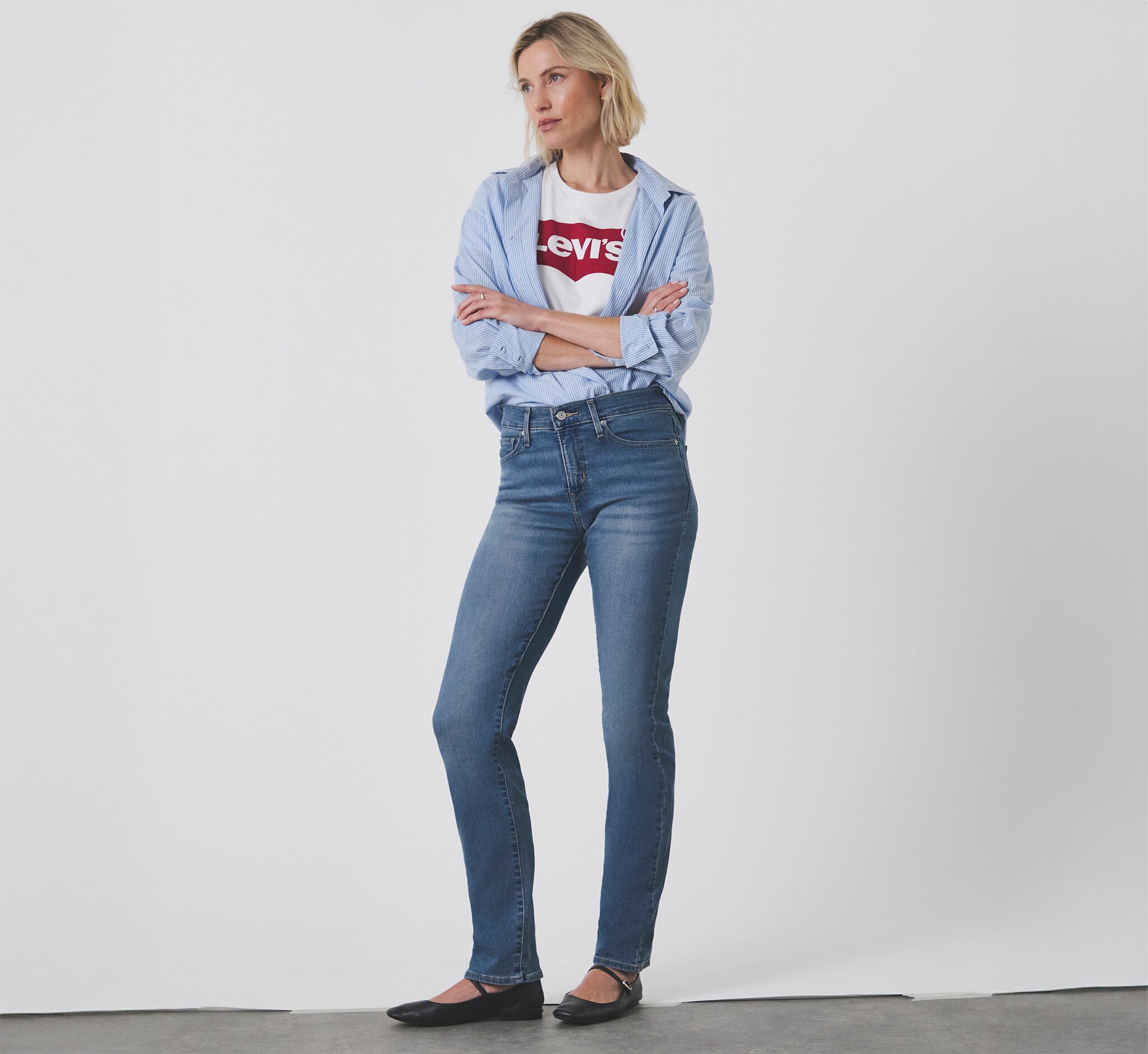 A lady wearing Levi's denim jeans