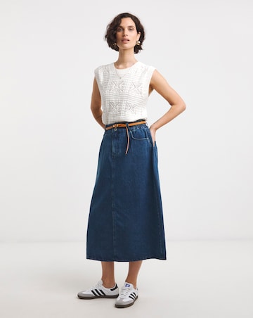 Mid Blue Elasticated Waist Midi Denim Skirt