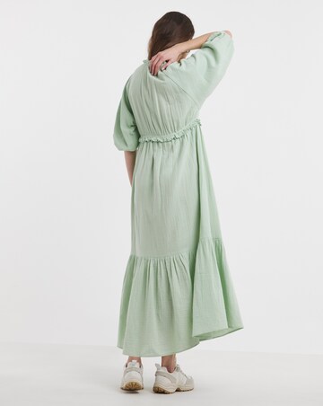 Pure Cotton Textured Bubble Sleeve Maxi Dress