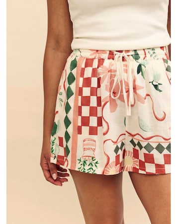 Nobody's Child Linen-blend Cream Tile Print Shorts