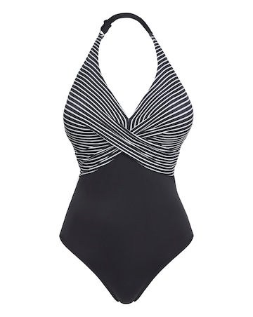 Figleaves Tailor Halter Twist Front Tummy Control Stripe Swimsuit