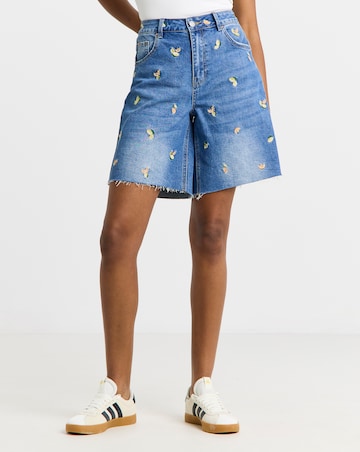 Simply Be Mid Blue Fruit Embroidered Denim Bermuda Short