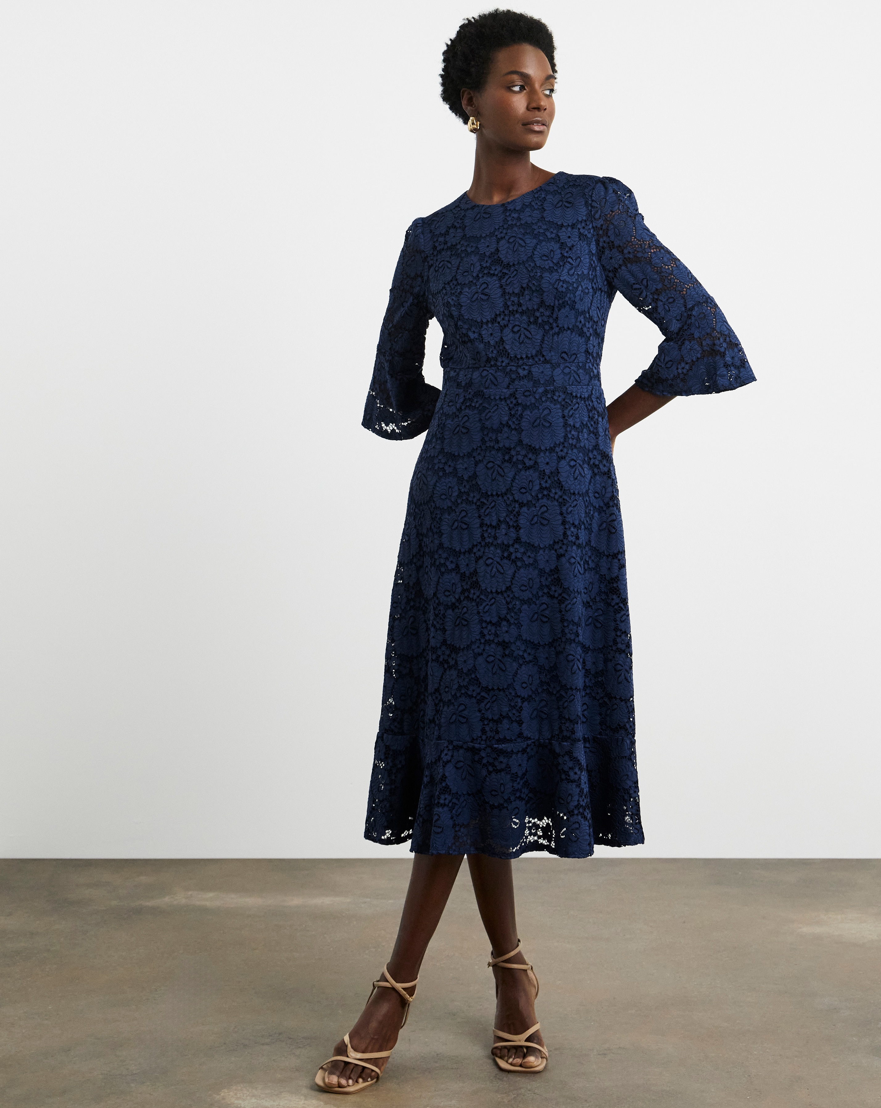Joanna Hope Fluted Sleeve Stretch Lace Midi Dress | JD Williams