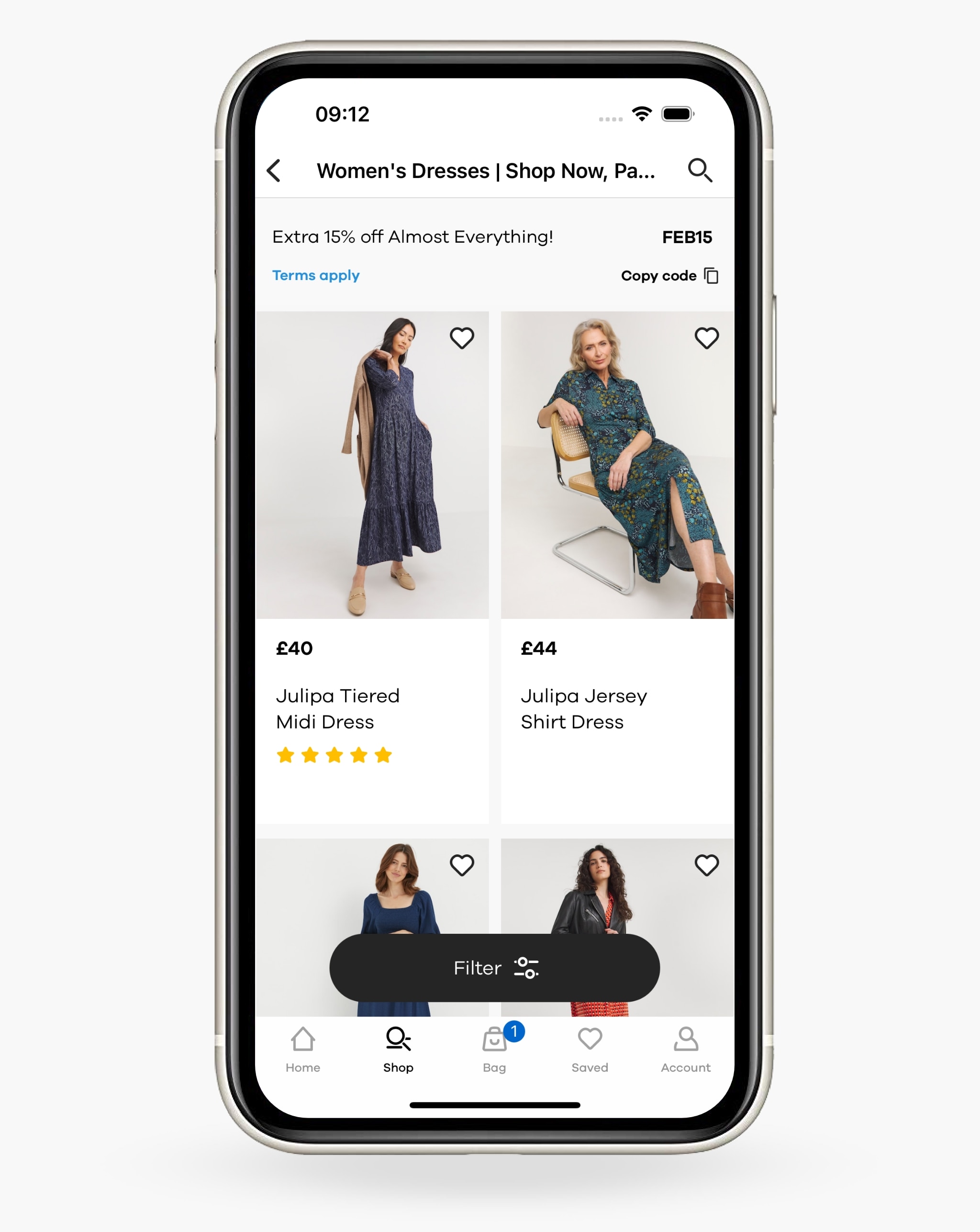 Phone screen showing the product listings page on the JD WIlliams app