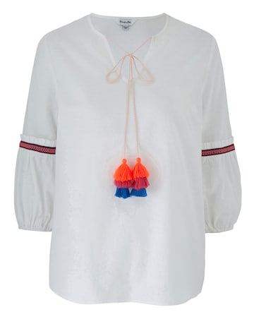 White Tassel Trim Fluted Sleeve Blouse