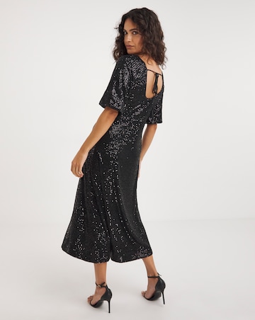 Linear Sequin Puff Sleeve Midi Dress