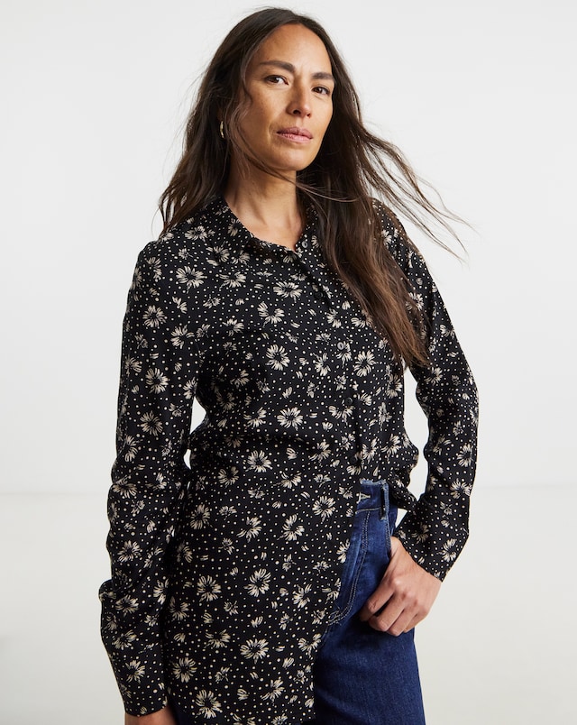 Dipped Back Long Sleeve Shirt - Mono Floral