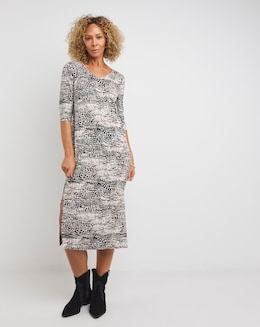 3/4 Sleeve Side Slit Midi T-Shirt Dress