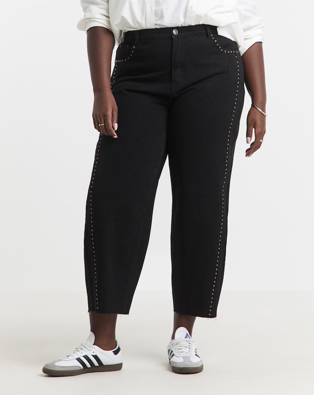 Black Side Studded Barrel Leg Jeans
