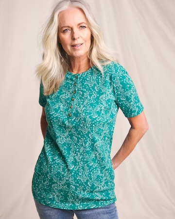 Julipa Printed Pure Cotton Ribbed Henley Top