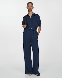 Mango Textured Cotton Navy Jumpsuit