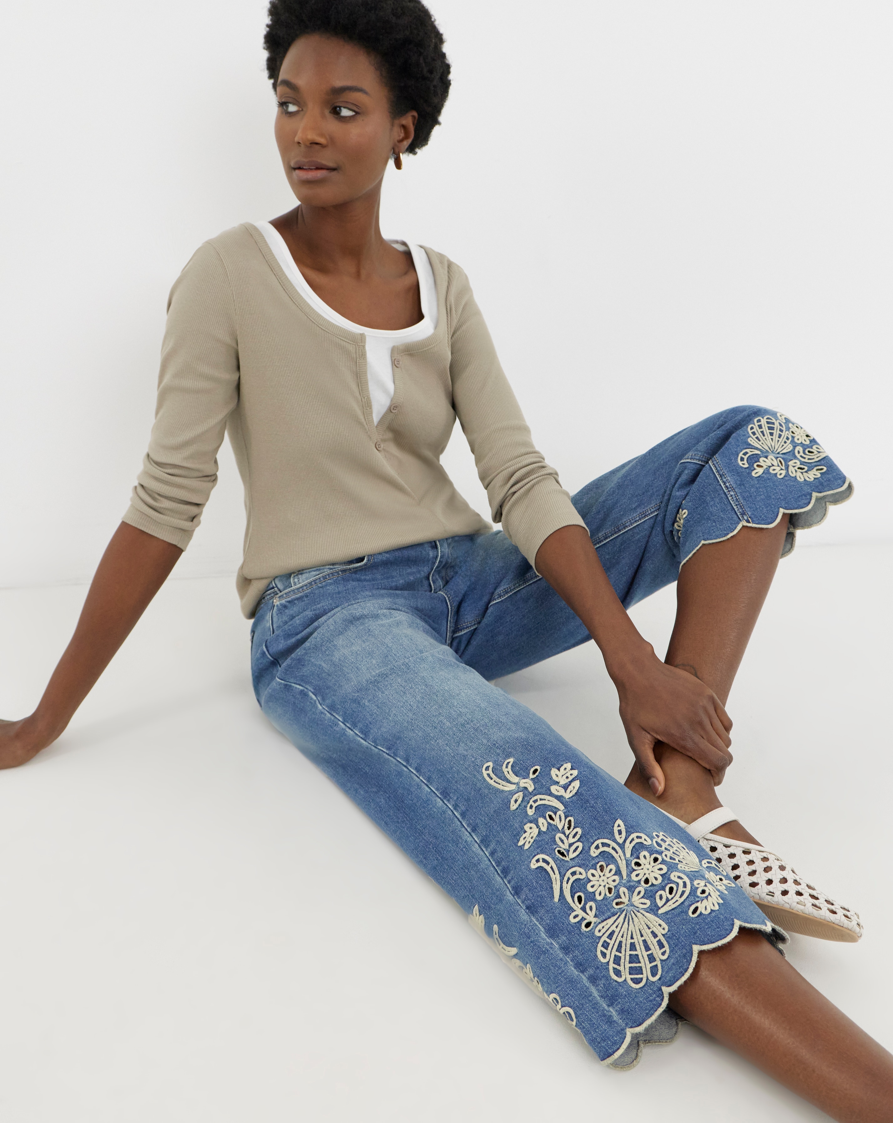 Blue Scallop Hem Broderie Crop Jeans | JD Williams