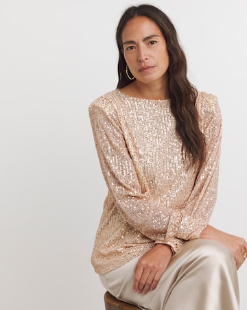 Champagne Sequin Slash Neck Volume Sleeve Top