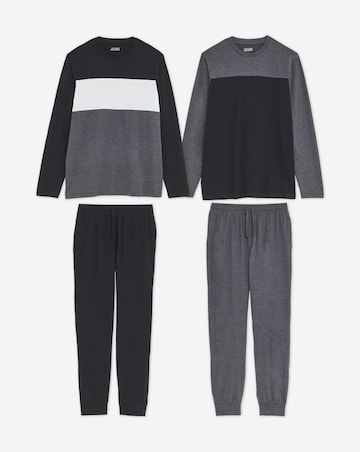 2 Pack Long Sleeve Colour Block Pyjamas-Black/Charcoal