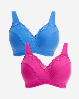 Pretty Secrets (2 Pack) Full Cup Non Wired Cotton Bras (B-G) Cerise/Blue