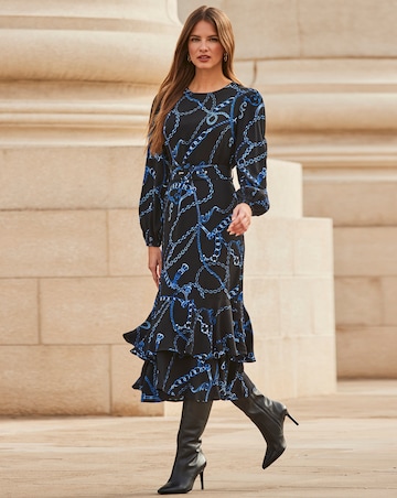 Sosandar Black & Blue Chain Print Ruffle Hem Fit & Flare Dress