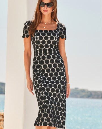 Sosandar Black Contrast Lace Square Neck Midi Dress