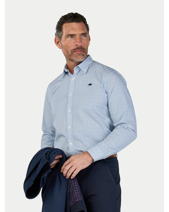 Raging Bull Long Sleeve Pentagon Pattern Cotton Poplin Shirt White