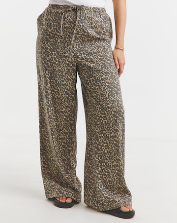 Simply Be Leopard Tie Waist Linen Mix Wide Leg Trousers
