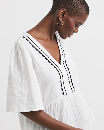 Trim Detail Pure Cotton Textured Short Sleeve Smock Top