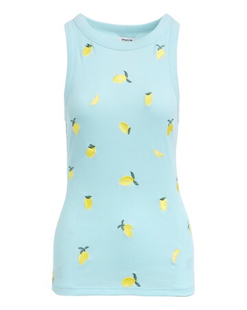 Simply Be Blue Ribbed Lemon Embroidery High Neck Tank