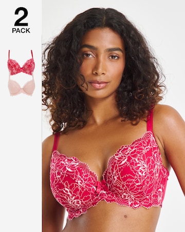 Pretty Secrets 2 Pack Ella Lace Padded Plunge Wired Bras B-F - Pink Multi