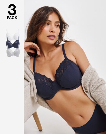Pretty Secrets 3 Pack Harper Lace Ribbed Full Cup Bras B-G Navy/White/Grey