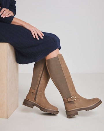 Apollo Knee High Elasticated Boots Buckle Detail - Wide Fit (E) & Curvy Calf