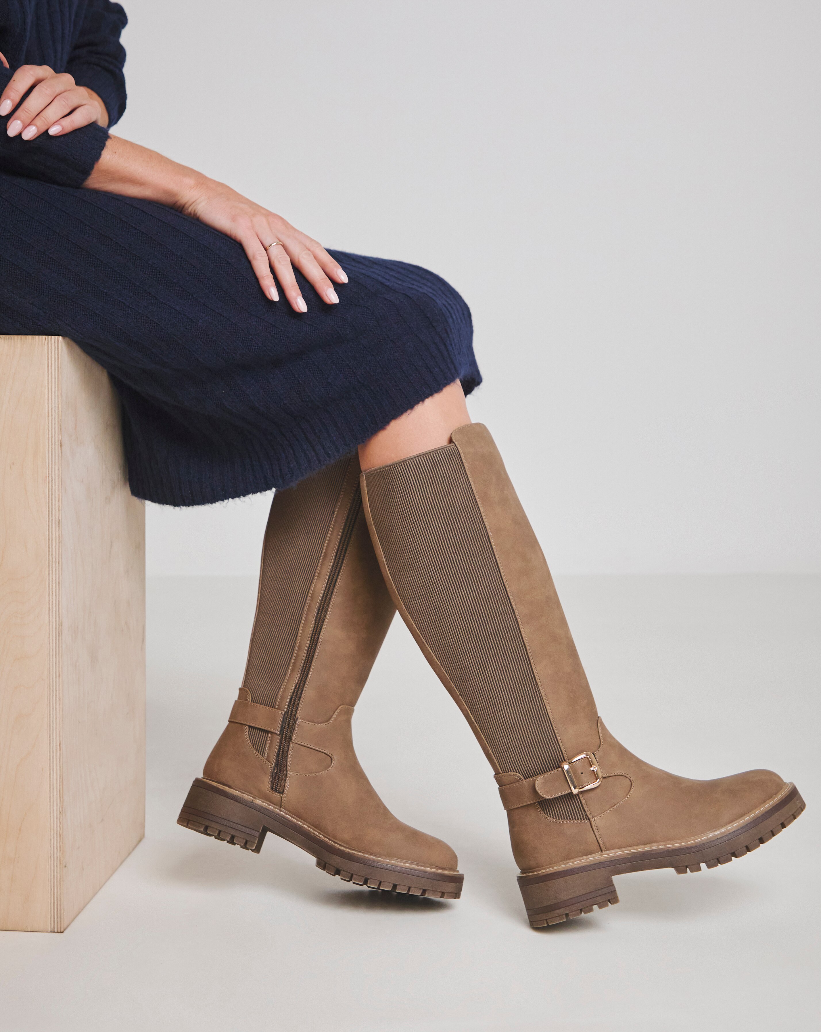 Apollo Knee High Elasticated Boots Buckle Detail - Wide Fit (E) & Curvy Calf