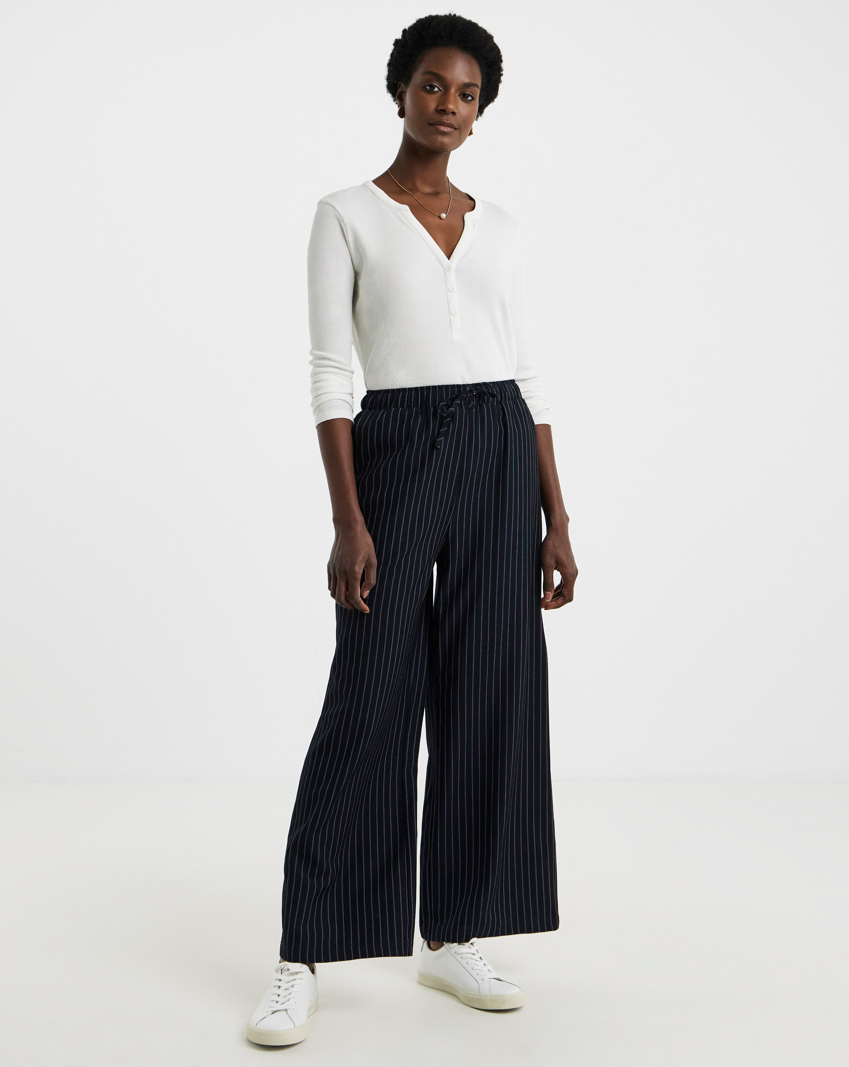 Soft Pull On Navy Pinstripe Wide Leg Trousers