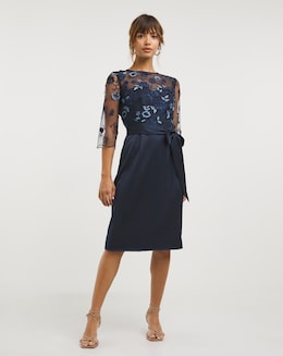 Joanna Hope Navy Embroidered Mesh Dress