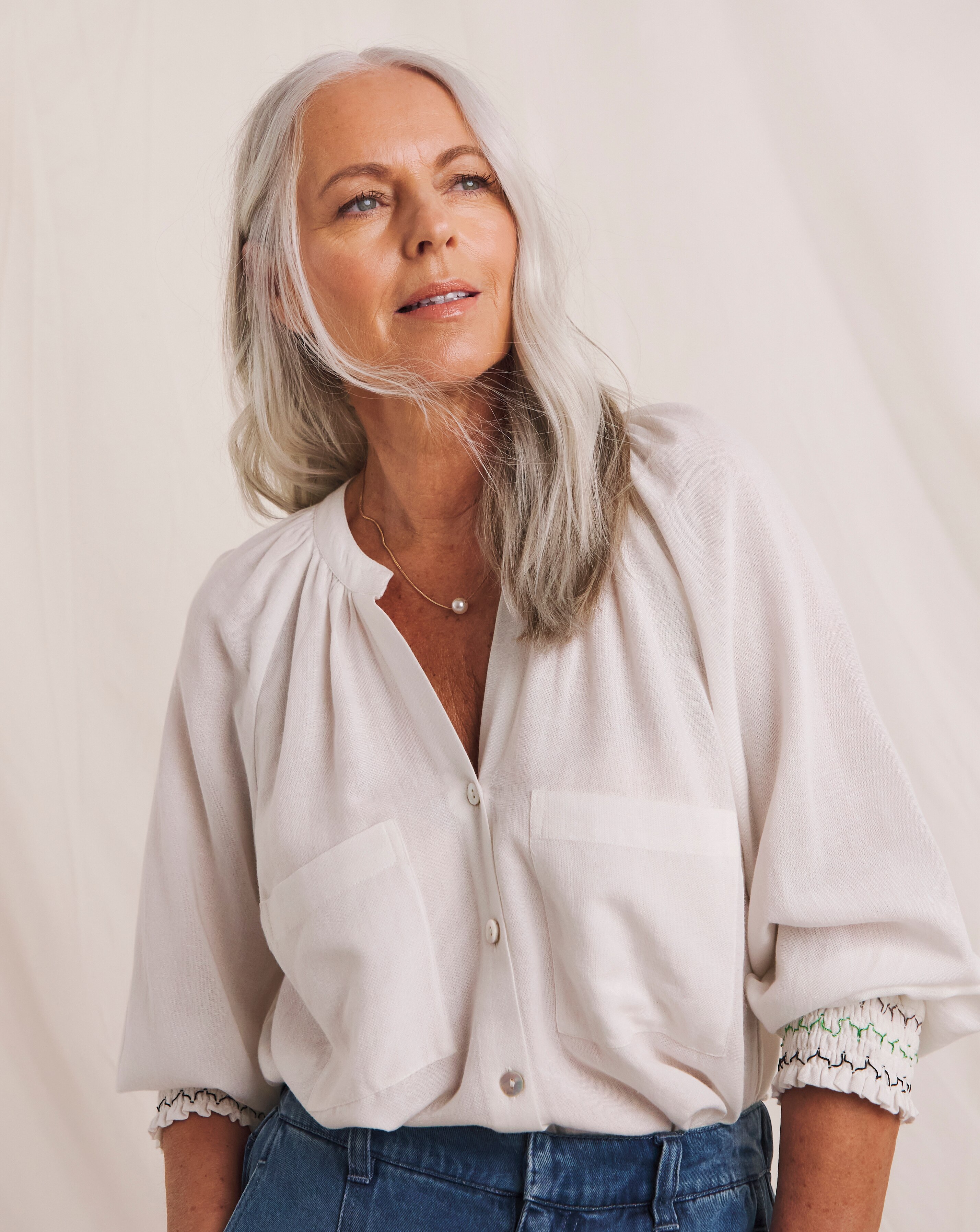 Julipa Linen Mix Embroidered Cuff Button Down Blouse