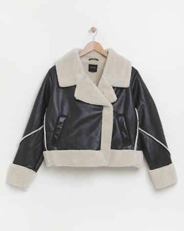 Black Faux Shearling Oversized Collar Aviator