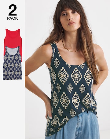 Pure Cotton Print/Red 2 Pack Sleeveless Swing Vests
