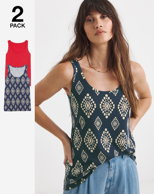 Pure Cotton Print/Red 2 Pack Sleeveless Swing Vests