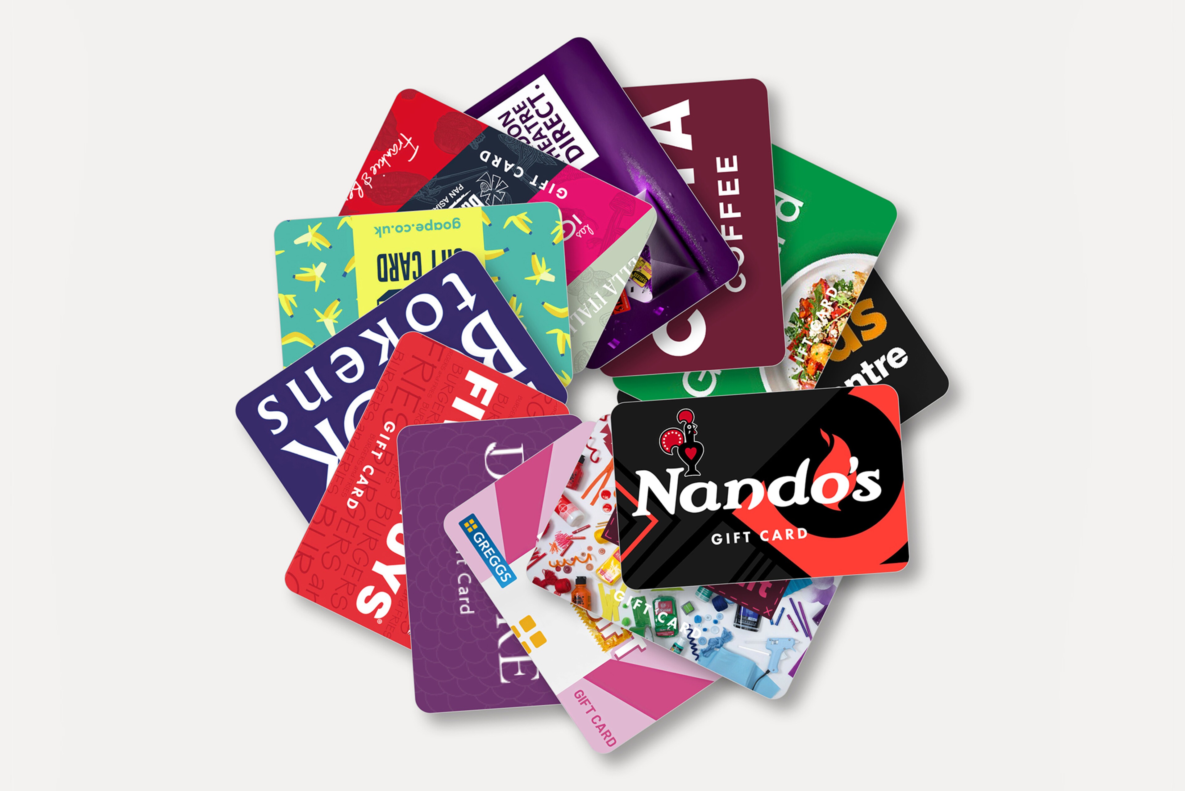 Fan of tokens displayed including Costa Coffee, De Vere Hotels, Fire Guys, Go Ape, Greggs, HelloFresh, Nando's, National Book Tokens and Pizza Express