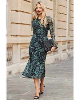 Sosandar Green Animal Mesh Crew Neck Midi Dress