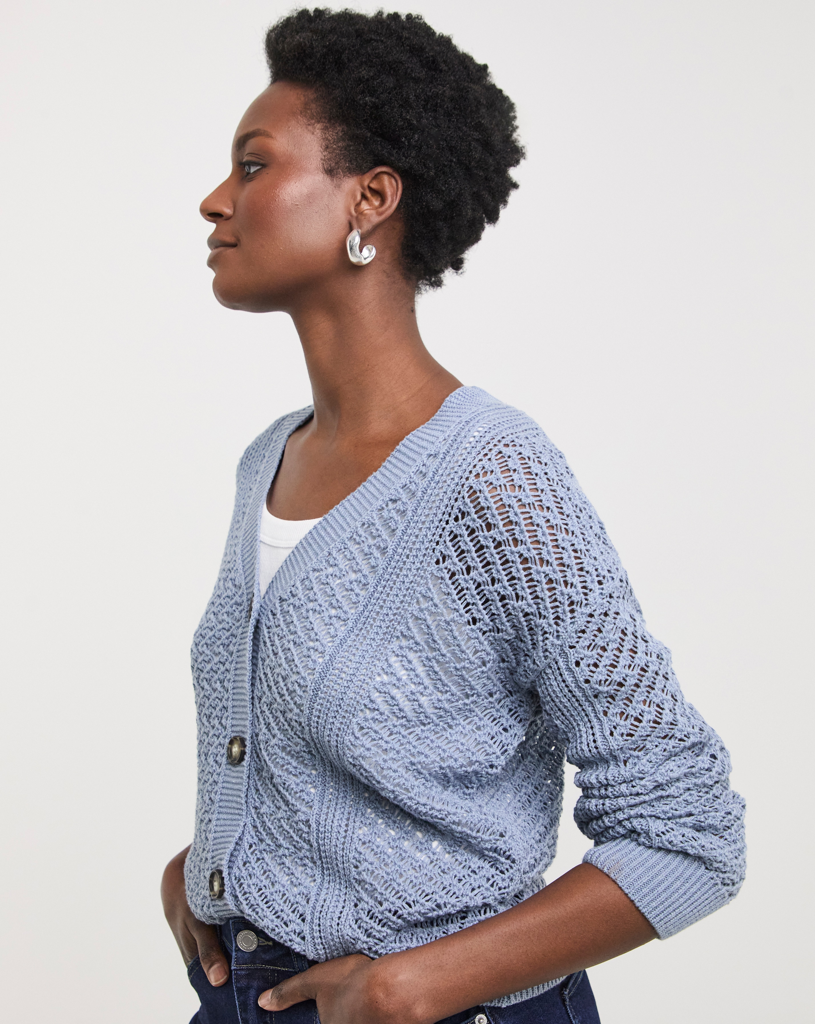 Blue Crochet Button Down Cardigan | JD Williams