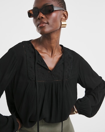 Textured Crinkle Broderie Yoke Trim Blouson Sleeve Blouse