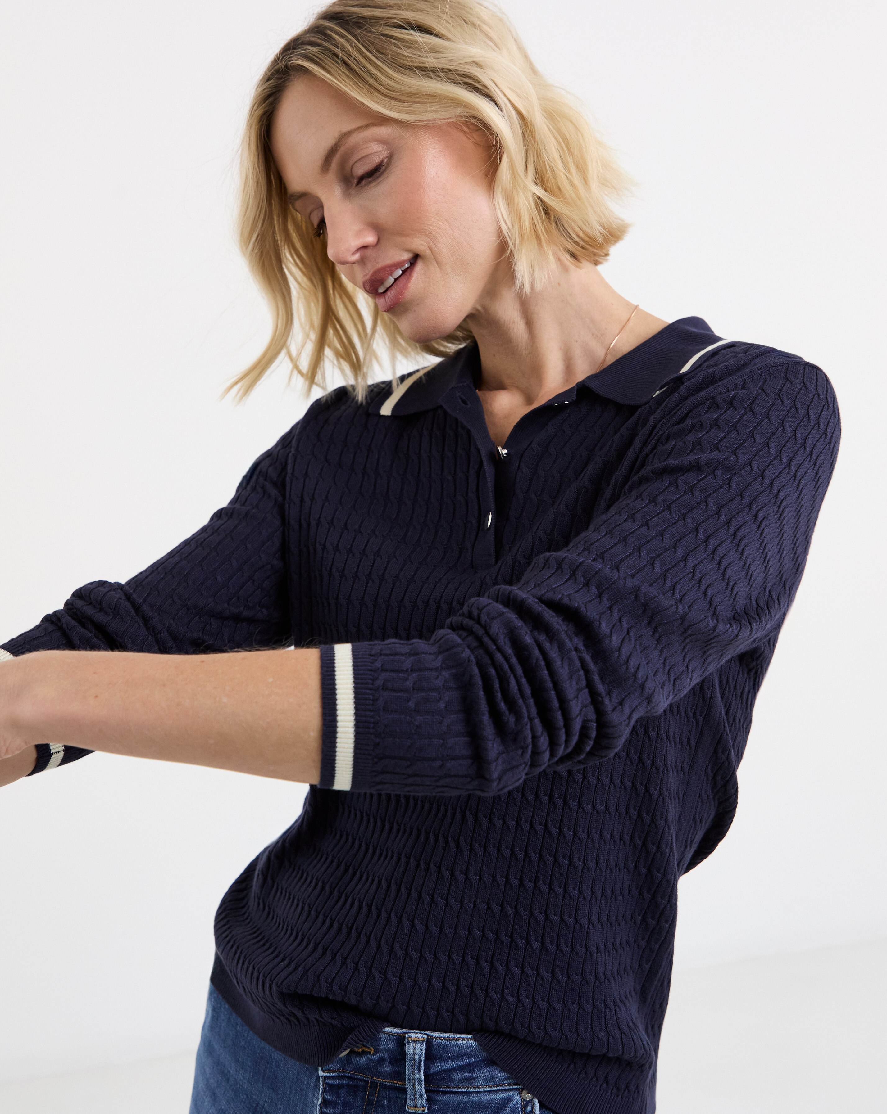 Fine Knit Navy Contrast Cable Collar Jumper