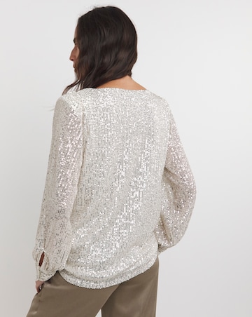 Silver Sequin Slash Neck Volume Sleeve Top