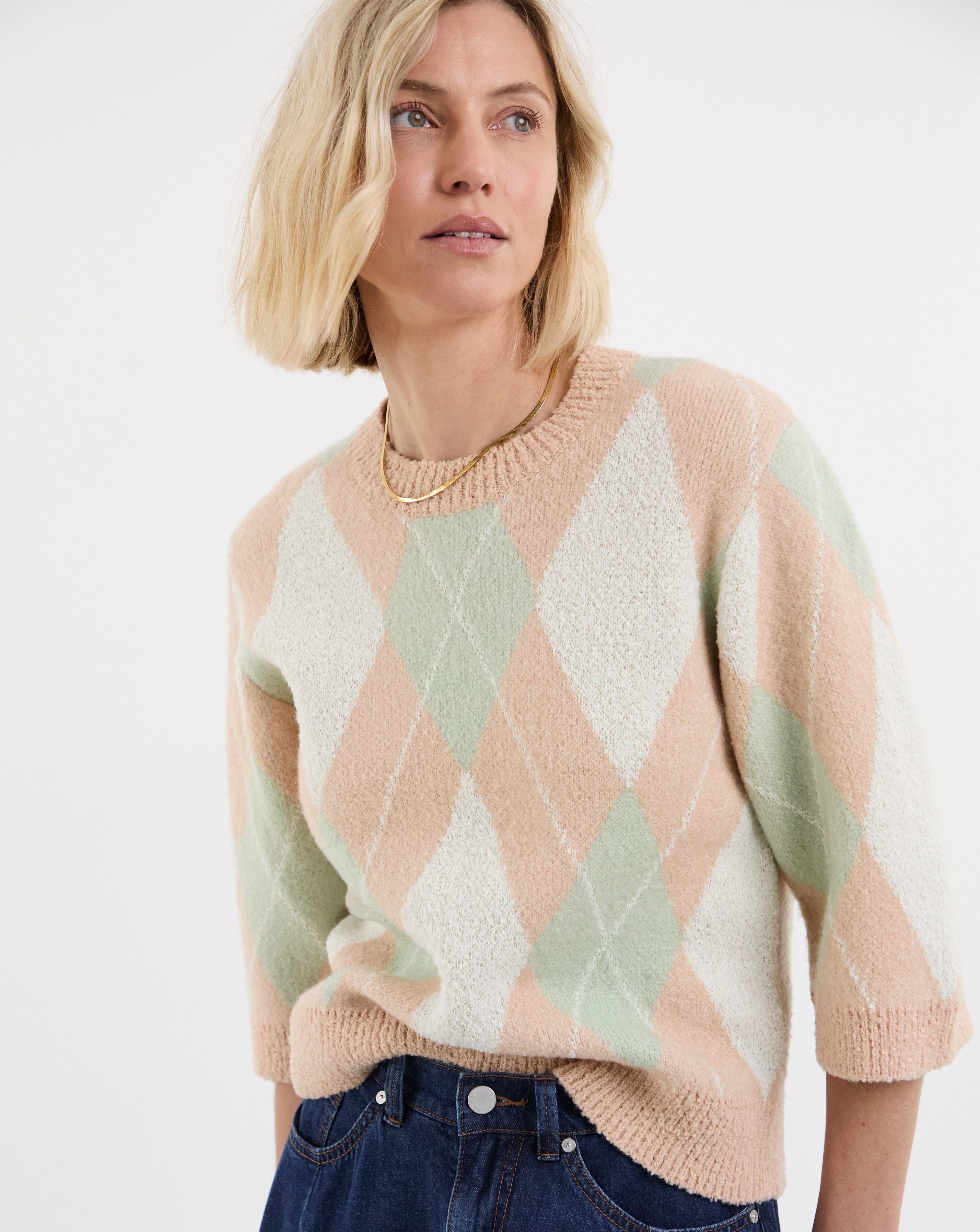 Argyle Wide Half Sleeve Jumper