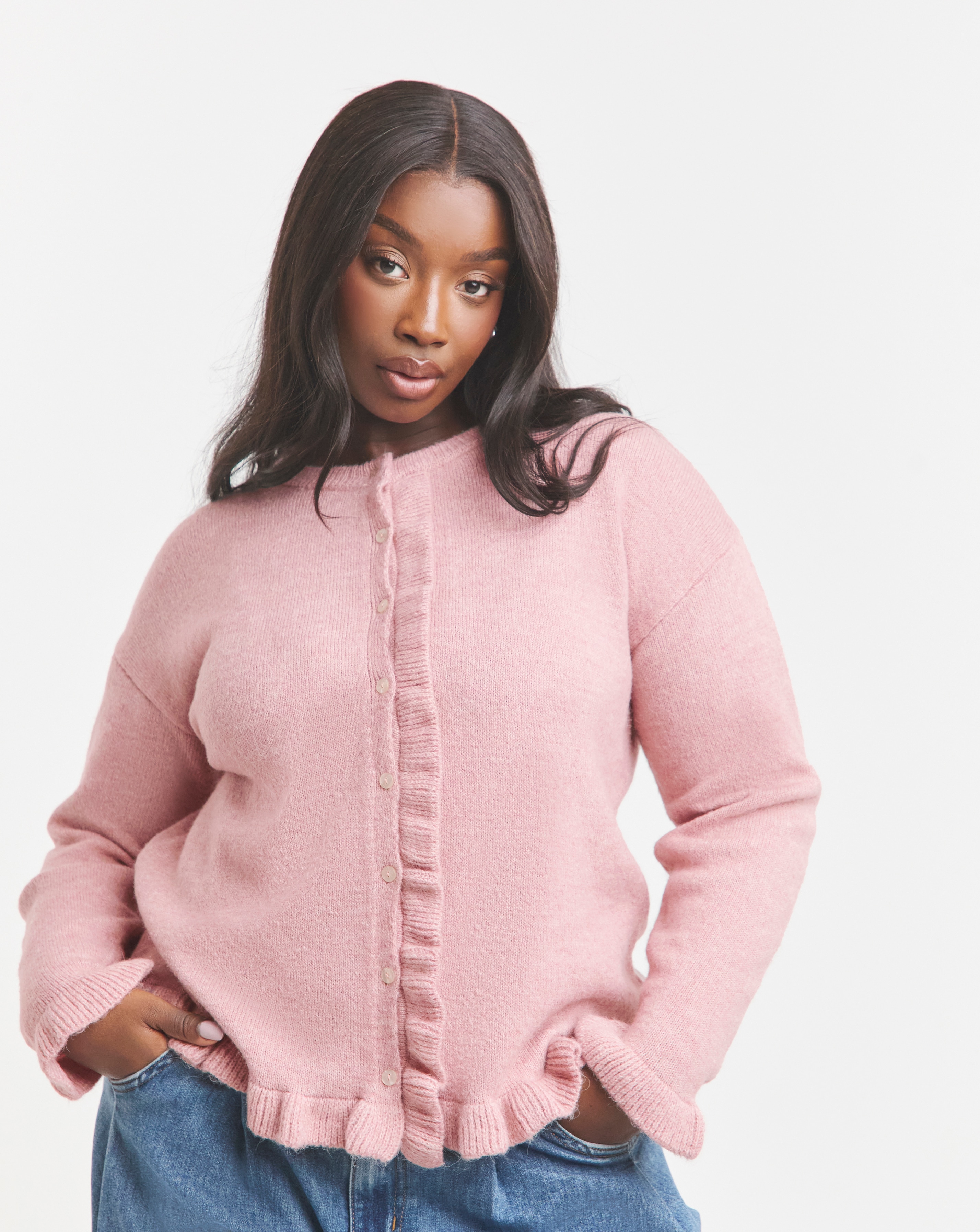 Simply Be Pink Ruffled Frill Knit Cardigan | JD Williams