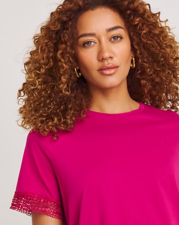 Pink Lace Trim Short Sleeve Longline Top